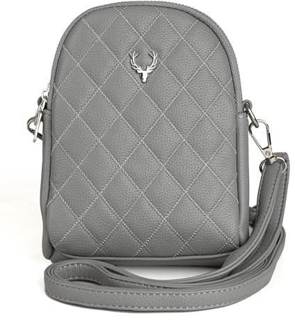 Enzianblau Trachten: Tasche in Wildleder-Optik mit HIrschbrosche, Trachtencluch, Oktoberfest Tasche zum Dirndl (hellgrau)