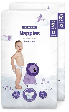 By Amazon Ultra Dry Windeln Größe 5+ (11-17 kg) - MONATSBOX, Weiß, 144 Stück (2 Packungen mit 72) (Früher Unter Der Marke Mama Bear, Identisches Produkt)