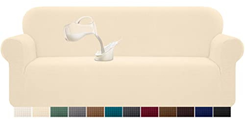 Granbest Stretch Wasserdicht Sofabezug 1 Stück Sofahusse Spandex Jacquard Elastische Couchbezug mit Anti-Rutsch-Schaumstoffe (4 Sitzer, Beige)