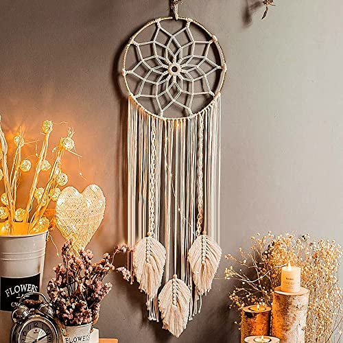 LOMOHOO Makramee Traumfänger Wandbehang Gewebte Feder Wandbehang Handgemachter Traumfänger Boho Quasten Dekoration Wohnkultur Ornament Bastelgeschenk für Schlafzimmer Wohnzimmer（kein Licht）
