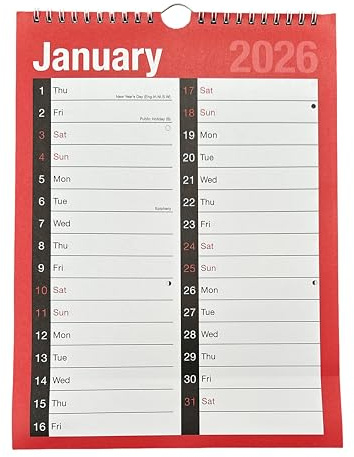 2026 Calendar A4 Large Two Column Month To View Spiral Bound Wall Planner