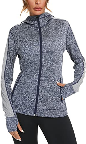 Wayleb Veste Sport Femme Sweat Légère Zippé Capuche Vestes à Manches Longues, Bleu L