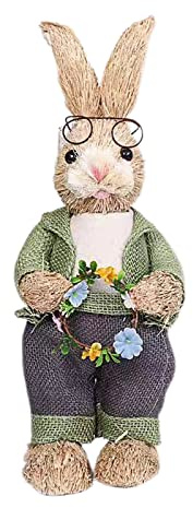 HANTURE Easter Simulation Straw Bunny Rabbit Ornament 17.7Inch Straw Woven Standing Bunny Figurine Holding Wreath Farmhouse Artificial Animal Statue Easter Garden Home Decor, Green