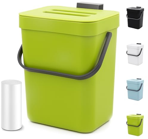 MONGTINGLU Contenedor de abono para encimera de cocina, cubo de basura pequeño colgante de 1.3 galones con tapa, bote de basura Kichen debajo del fregadero, cubo de compost para montaje en pared
