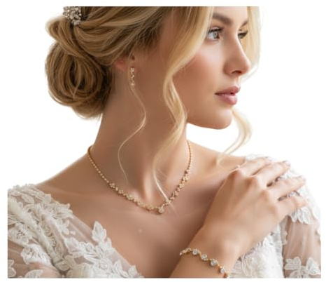 ONDEGO® Schmuckset Gold 3-teilig mit Halskette, Ohrringen & Armband – Eleganter Strass Brautschmuck für Hochzeit, Ball, Kommunion & festliche Anlässe