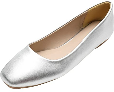 ANUFER Femmes Ballerines Bout Carré Cuir Microfibre Glisser Escarpins Habillés Chaussures Argent Mat SN0707127 EU42