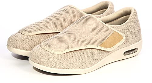 STUNAHOME Extra breda skor för kvinnor, män, ortopediska diabetesskor med minnesskum justerbara promenadskor för äldre, artrit, ödem, svullna fötter, tumme valgus, BEIgE, 5 UK Wide