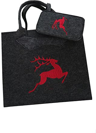 Steinnacher Witzgall Filztasche dunkelgrau mit rotem Hirsch und Handytasche 38x20cm