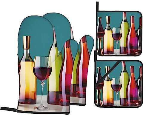 Cocktail Glasses and Wine Bottless Heat Insulation Oven Mitts and Pot Cover Pad,4-Piece Set,for Cooking Baking Grilling
