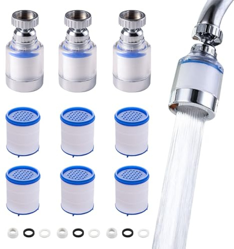 3 Pièces Filtre Robinet Anti Calcaire Rotatif À 360°, Transparent, Avec 6 Éléments Filtrants En Coton Pp, Filtre Robinet Pour Maison, Cuisine, Salle De Bain, L'Évier