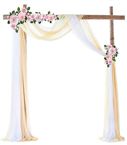 HUHJYUGE Vorhang Hochzeit Hintergrund 75x600cm, 3 Stück Volant Gardine Querbehang Elastischem, Eleganter Weich Tüll-Fotohintergrund, für Fotografie Party Hochzeit Geburtstag Taufe