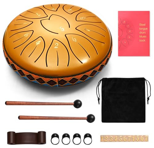 Regentrommel, Sunowl 6 Zoll 11 Regentrommel Garten, Mini Stahlzungentrommel für Anfänger Kinder Erwachsene, Handpan Steel Drum für Meditation, Yoga, Musikerziehung, Klangheilung, Gold