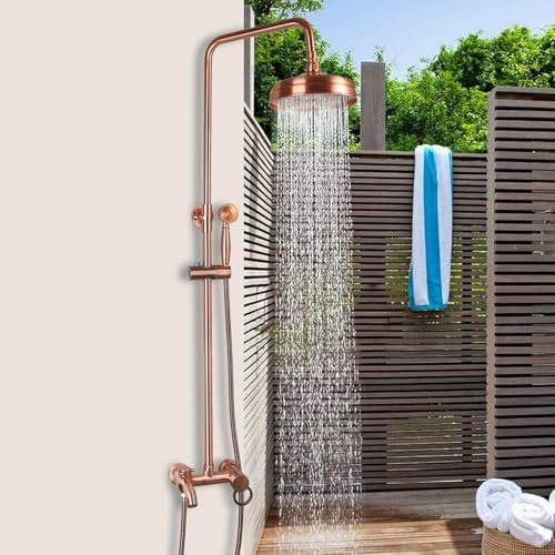 KECTIAKL Antikes Kupfer freiliegendes Duschsystem 20,3 cm Regenduschkopf 3 Funktionen Wandmontage Außendusche Armaturen Badezimmer Duschset Antik Messing Duscharmatur Set