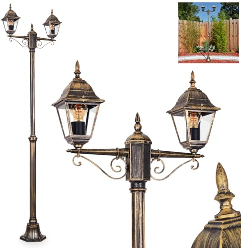HOFSTEIN Kandelaber Naofe, Außenwegeleuchte aus Metall/Glas in Braun-Gold/Klar, Wegeleuchte im Landhaus/Antik/Retro/Vintage-Design für Garten, Außenbereich, Hof, Höhe max. 220 cm, 2 x E27, IP44