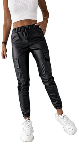MANYMANY Pantalon Cargo en Simili Cuir pour Femme, Pantalon de Jogging en PU avec Cordon de Serrage