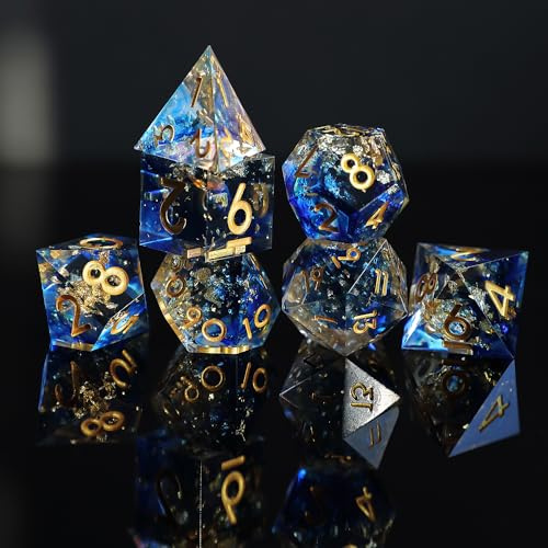 DND tärningsset 7 st D4 D6 D8 D10 D12 D20 D% Polyhedral handgjord harts skarpa kanter D&D-tärningar för fängelsehålor och drakar stigfinnare rullspel RPG MTG spel med presentask