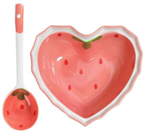 Luxshiny Cuenco De Cerámica Plato Con Cuchara Cuenco De Fresa En Forma De Corazón Ensaladera Postre Aperitivos Platos De Aperitivo Cuenco Para Servir Comida