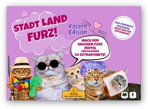 Relaxed Monkey Stadt Land Furz – Katzen Edition | Reisespiele | DIN A4 | Familienspiel | Geburtstagsgeschenk | Stadt Land Fluss | Spielabend
