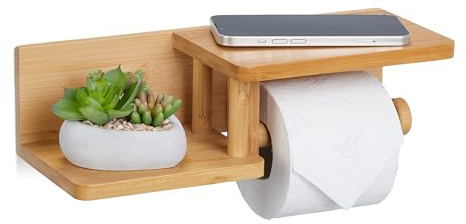 Relaxdays Toalettpappershållare med hyllor, för mobiltelefon, reservrulle, bambu, HBT: 9 x 31 x 12,5 cm, natur