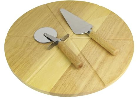 Lentz Planche à pizza en bois véritable Ø 35 cm – Roulette à pizza et pelle à pizza en acier inoxydable (kit de découpe individuel)