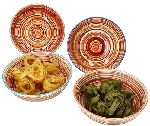 MamboCat Linea - Lot de 4 bols à spaghetti profonds - Diamètre : 22,5 cm - 1,25 l - Assiettes à pâtes méditerranéennes rayées avec 4 bords colorés - Pour 4 personnes - Vaisselle en faïence