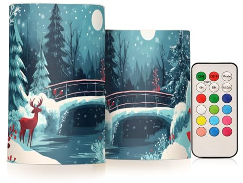 YMXFXP Flameless LED Candles Christmas Deer Bridge with Remote - Set of 2, 3” Battery-Operated Flickering Pillar Candles with Timer - Batteries Not Included