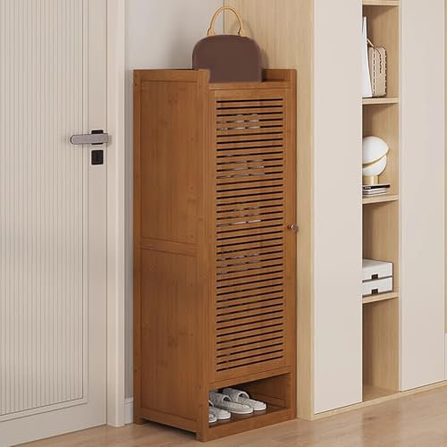 Zapatero de Entrada con Puerta corredera, Organizador de Zapatos de bambú para Sala de Estar y Pasillo, Color marrón