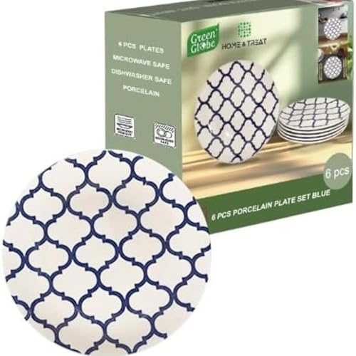 Premium Porcelain Ceramic Dinner Arabesque Pattern Plates Set of 6 – 10.5 Inch Scratch Resistant Dinnerware Warm Color Pasta Salad Dessert Plates for Appetizer – Dishwasher & Microwave Safe (Blue)