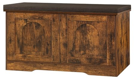 DINZI LVJ Shoe Bench, Entryway Storage Bench with Doors, Cushion, 2-Tier Shoe Rack with 6-Cubby, 31.5”L x 13.8”W Shoe Organizer Cabinet, Adjustable Shelf, Living Room, Bedroom, Rustic Brown
