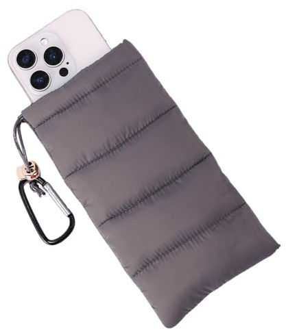 Lyreh Housse Thermique pour Téléphone, Coton Duveteux Pochette pour Téléphone Portable Protection Contre Le Gel et la Surchauffe avec Mousqueton Idéal l'Extérieur, Camping la Randonnée Ski (Gris)