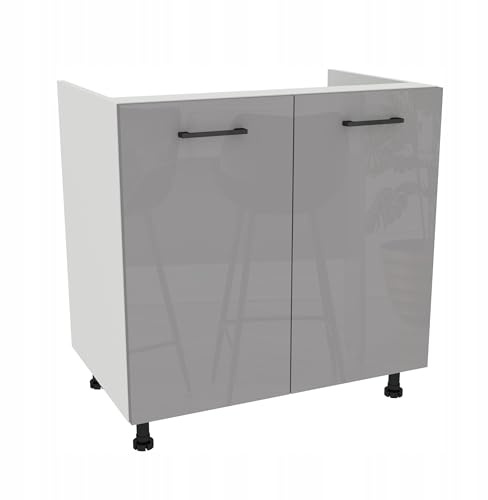 Laclar Capri Unterschrank Spülenschrank Grau-Acryl Hochglanz/Weiß - Küchenschrank 80x82x48,5 cm - 2 Türen - Soft-Close-Scharniere - 128 mm Griff - höhenverstellbare Füße - Selbstmontage