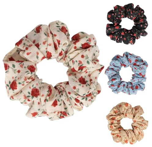 SXQLYH 4 stycken hårsnoddar av blommigt tyg, flätband mjukt bekvämt hårscrunchie gummiband 8,5 cm, scrunchies hästsvans hållare hår bobble för kvinnor tjockt långt hår
