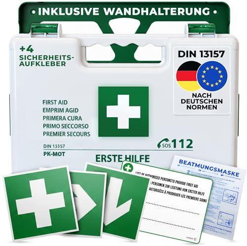 notlok Safety Work - Erste Hilfe Set nach DIN 13157 - Erste Hilfe Kasten gefüllt mit Wandhalterung + Beatmungshilfe – Weißer Verbandskasten Betrieb & Zuhause - Klein & Kompakt First Aid Kit