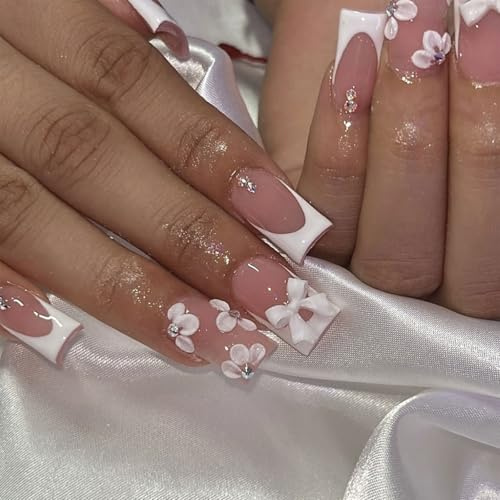 TESGADGETS 24 Piece White French-Tip Style Medium Square Artificial Nails with Floral Bow Design to Stick On Glossy Acrylic Full Cover