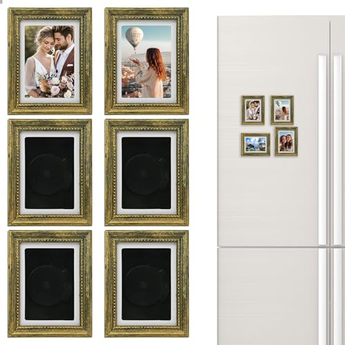 6 Stück Mini Bilderrahmen Gold, Magnetic Vintage Frame, 9,5 x 7,5 cm, Magnetischer Vintage-Rahmen für Kühlschrank, Kleine Goldene Bilderrahmen mit Ständer für Hoch und Querformat für Tischaufsteller
