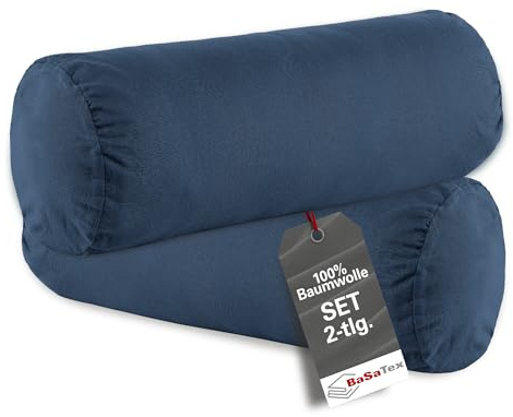 BasaTex 2er Pack Kissenbezug für Nackenrolle 40x15 cm - Kissenhülle für Nackenkissen - Nackenrollenhülle aus 100% Baumwolle - Reißverschluss - Farbe: Navy Marineblau