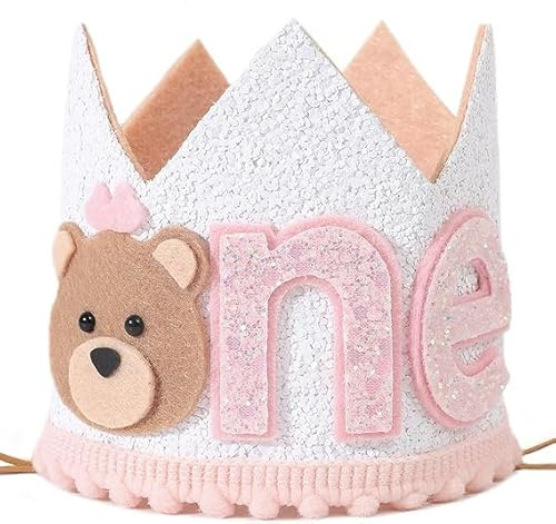 Gleemix Geburtstagskrone Bär Hut, Filz Geburtstagskrone Mädchen, Bär Krone Geburtstag mit Gummizug, Rosa Geburtstagshut für Erster Geburtstag Mädchen
