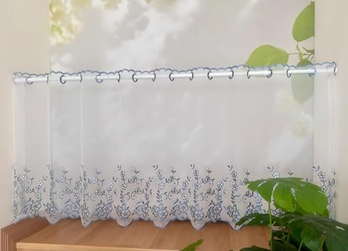 Jeeman Blumenstickerei Spitzen Scheibengardinen Halbtransparente Bistro Gardine Elegante Landhausstil Kurzgardine Strassdeko Küchen halbgardine Blau HxB 45x140cm 1 Stück