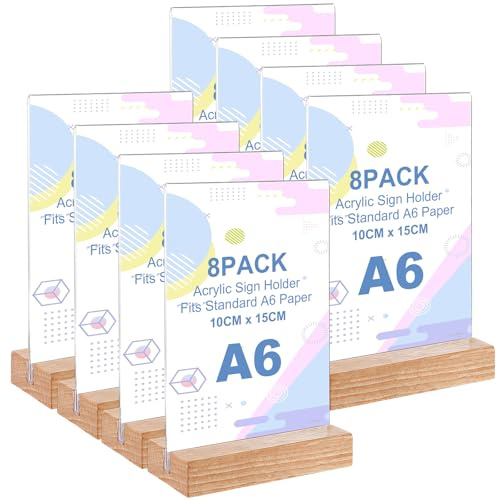 LDHHYH 8 Stück Tischaufsteller A6 mit Holzfuß, Doppelseitiger Acryl Aufsteller 10 x 15 cm, Menükartenhalter für Preislisten, Fotos, Tischschilder, Restaurant, Büro und Café