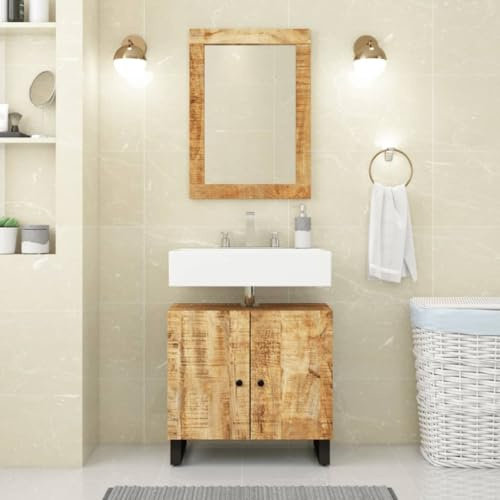 Mobile lavabo in legno massello per bagno in legno di mango con due scomparti e vano portaoggetti, mobile da bagno con gambe in ferro e supporto da parete per un bagno stabile