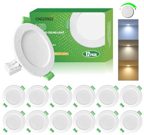 CHEERBEE LED Einbaustrahler 230V Dimmbar Extra Flach, 3CCT 2700K/4000K/6000K, 3.5W 350LM LED Spots, IP44 für Badezimmer, Lochmaß 55-68mm, Ø78mm Einbauspots für Badezimmer Küche, 12er Set.