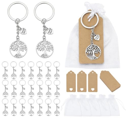 PH PandaHall 24 Set Portachiavi Albero della Vita con Etichette di Grazie Ciondoli Albero della Vita con Sacchetti in Organza e Etichette di Carta Regali per Battesimo Comunione Matrimonio