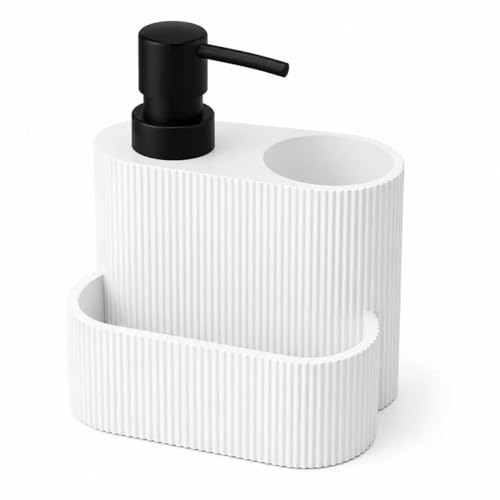 Dispensador de Jabón Cocina con Porta Estropajos, Dosificador Jabón Resina Elegante para Fregadero 300 ml, Soporte para Esponja y Cepillo, Diseño Moderno Blanco, Esponja y Cepillo no incluidos