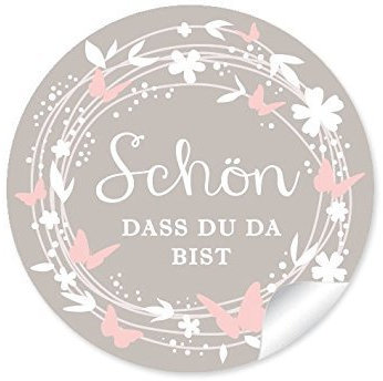 48 STICKER: Schön, dass du da bist Schöne Etiketten mit Kranz, Blüten und Schmetterlingen in Beige/Rosa/Weiß • Für Gastgeschenke, Hochzeit und vielen Anlässen/Aufkleber: 4 cm, rund, matt