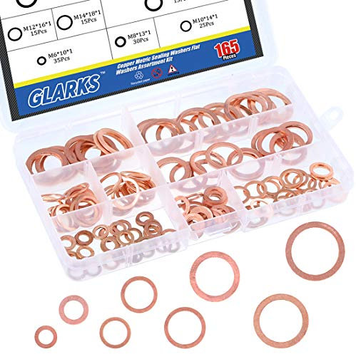 Glarks, Set di 165 rondelle di tenuta in rame con anello piatto metrico, 8 misure di M6, M8, M10, M12, M14, M16, M18, M20
