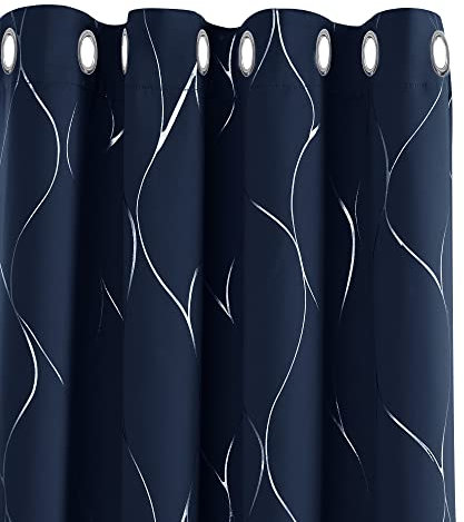 Deconovo Eyelet Blackout Curtains, Thermal Insulated Curtains, Silver Wave Line Foil Printed Curtains for Living Room, 46 x 90 Inch(Width x Length), Navy Blue, one pair