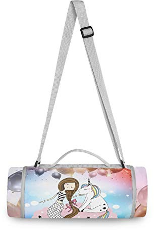 Einhorn Mädchen Ballon Picknickdecke wasserdicht Kreative Runde Picknick-Matte Kampierende Strand Yoga Decken Matten im Freien Faltbar Leicht Matte Decke mit Tragegriff (148cm x 148cm)