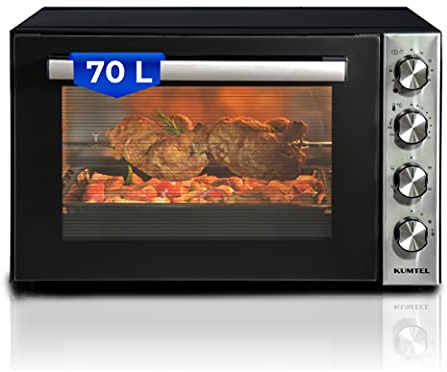KUMTEL Miniugn, pizzaugn, 70 liter XXL, 2 000 W, turbofunktion, 6 tillagningslägen, roterande spett, innerbelysning, dubbelglas, max 230 °C, timerfunktion, granitinsida, inkl. bakplåtsset