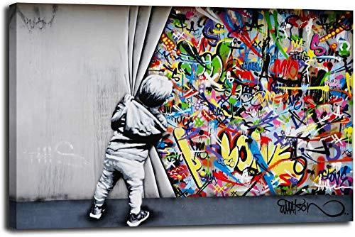 MJEDC Banksy Bilder Leinwand Behind the Curtain Graffiti Street Art Leinwandbild Fertig Auf Keilrahmen Kunstdrucke Wohnzimmer Wanddekoration Deko XXL (30x40cm(11.8x15.7inch))