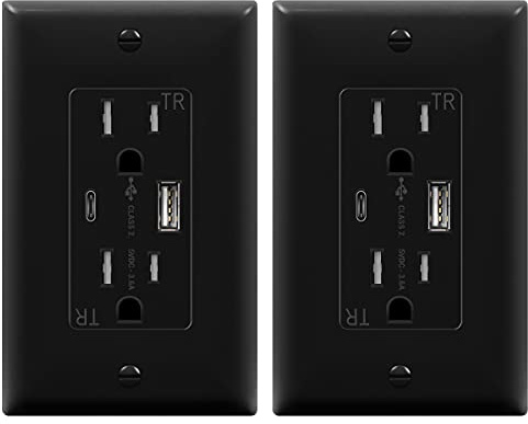 TOPGREENER 2-Port USB Outlet, Type C USB Wall Outlet, 15 Amp Tamper Resistant Receptacle Plug, USB Outlets Receptacles, Wall Plate Included, UL Listed, TU21536AC-BK-2PCS, Black, 2 Pack